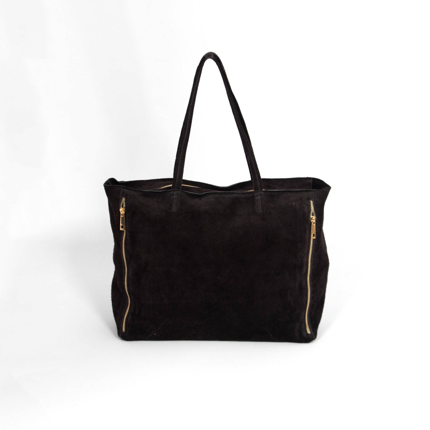 Italian Black Suede Tote Bag – Gold Zip Detail - Default Title