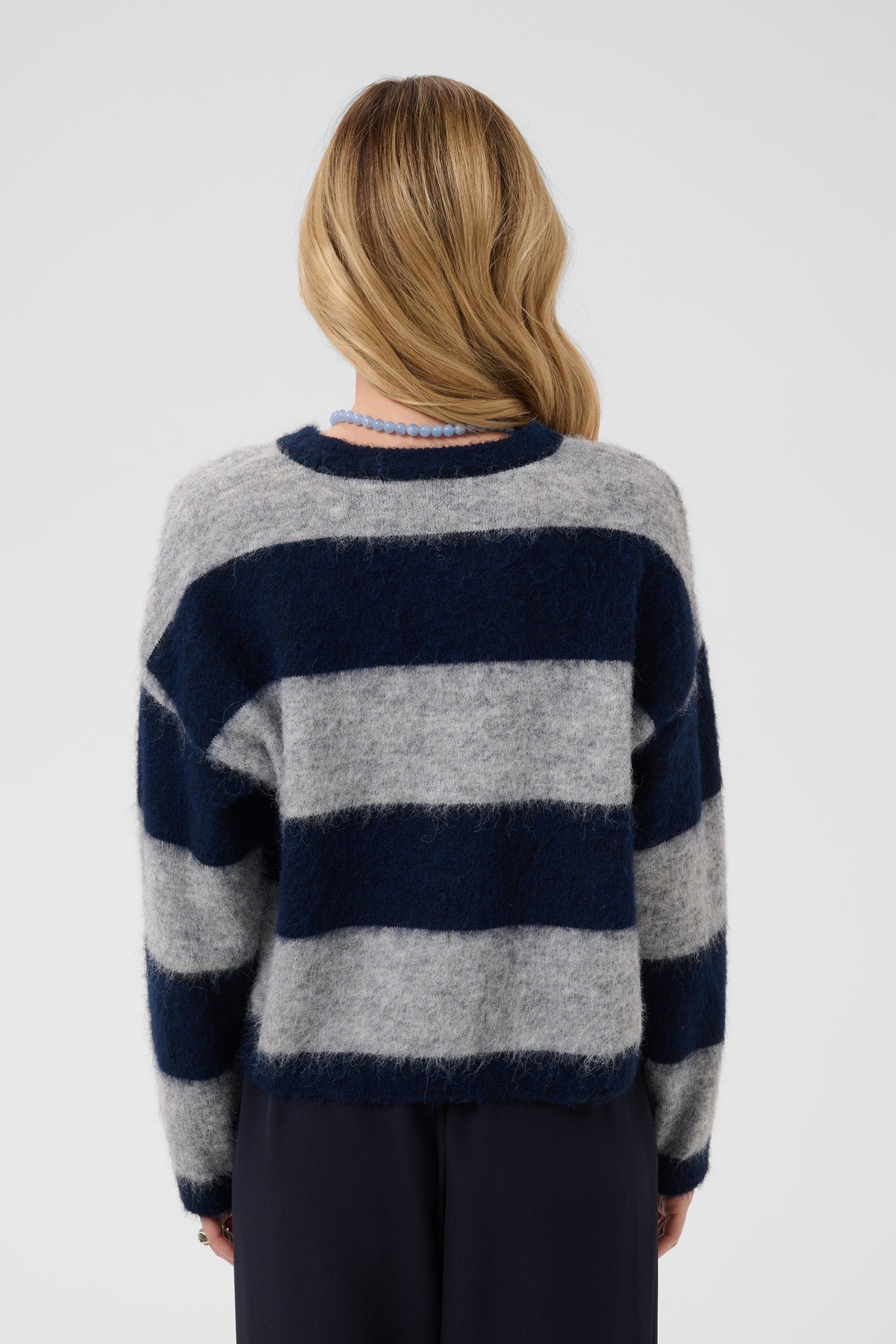 Saint Tropez Tayzie Pullover in Navy Grey Melange with soft fluffy striped knit and relaxed fit