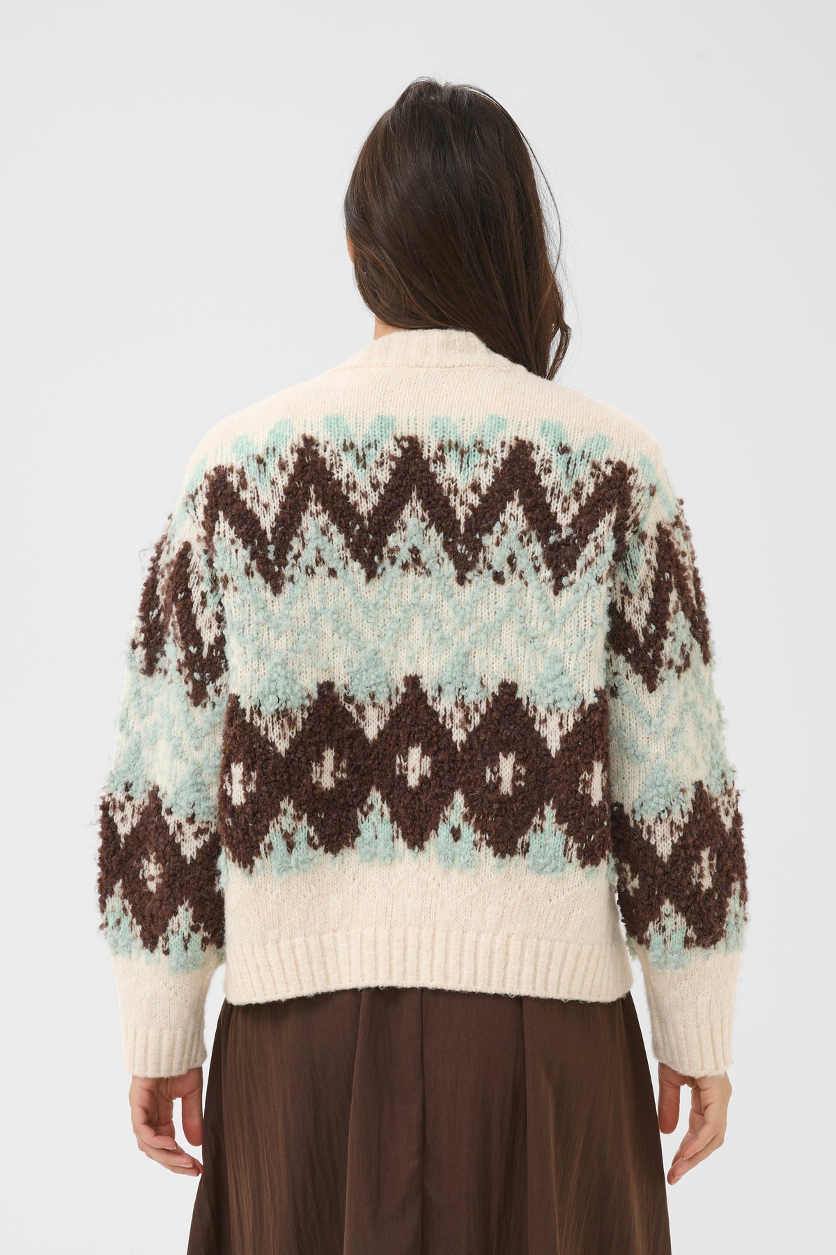 Saint Tropez Tuska Cardigan in Ice with fluffy Fair Isle-inspired knit in chocolate brown and soft aqua