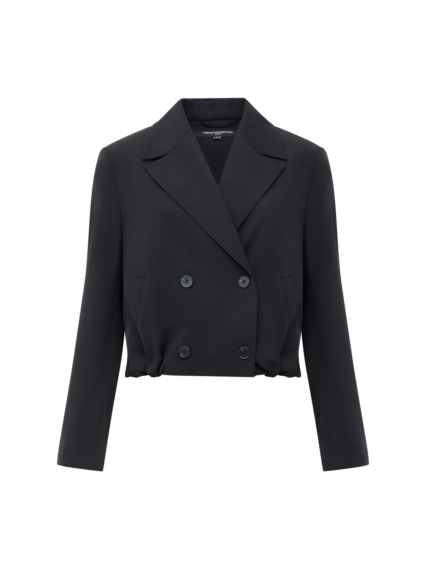 A black cropped suit jacket with collar, 4 double breasted buttons and ruched bottom to jacket.