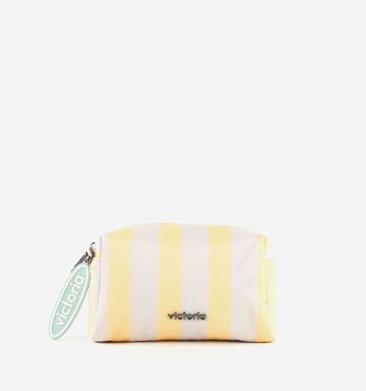 Victoria striped toiletry bag with zip fastening hanging charm and metallic brand plate in azul or amarillo
