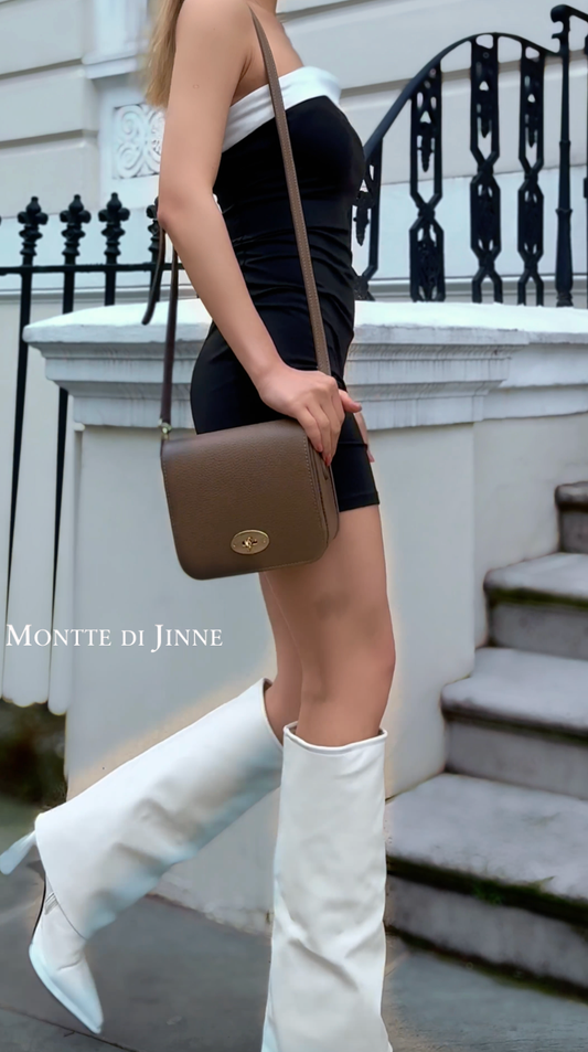 Italian Genuine Leather Crossbody Bag with Metal Clasp: Navy