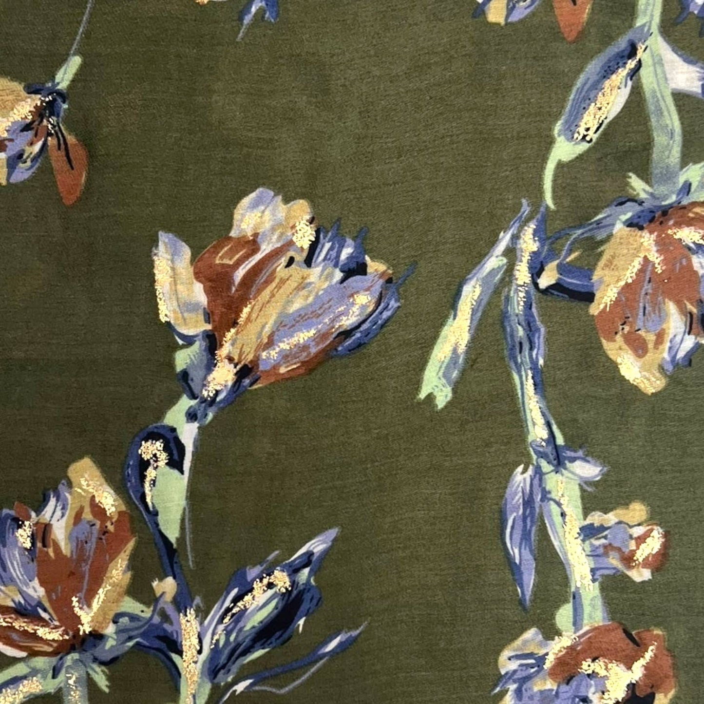 Floral pattern with blue and brown flowers on a green background