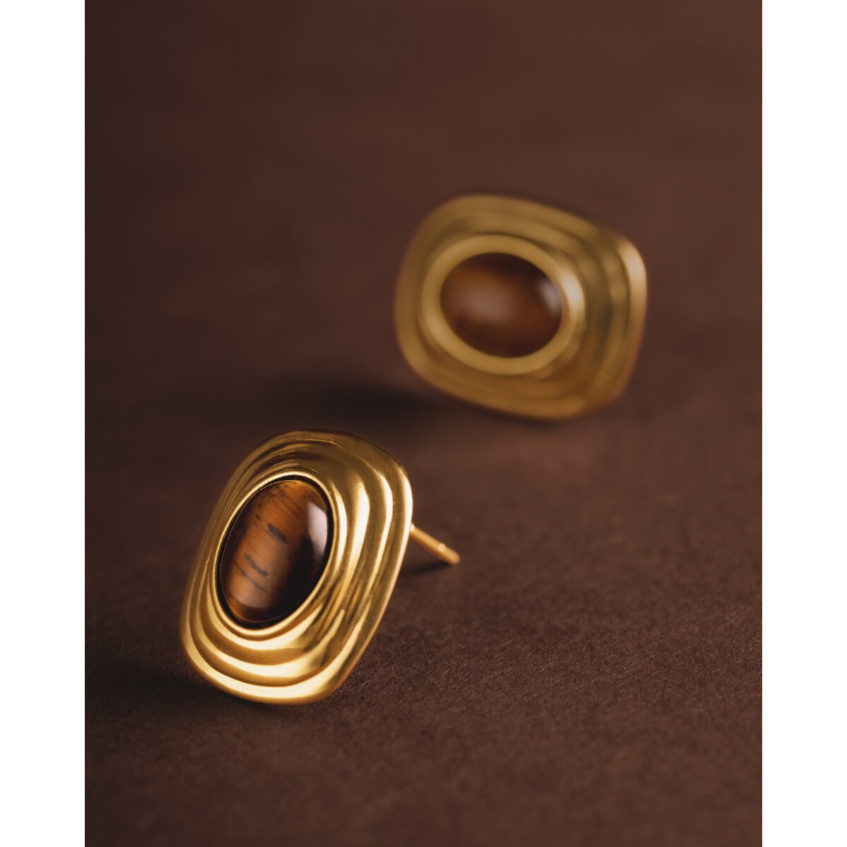 Katie Loxton Tiger's Eye Waterproof Gold Button Stud Earrings
