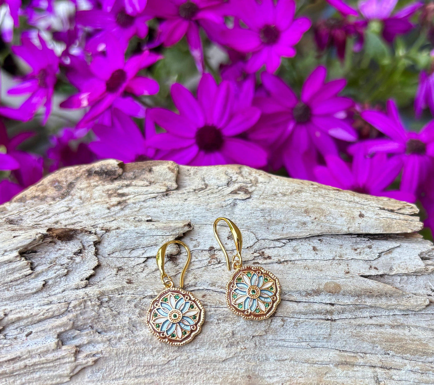 Ocean Ripples 14ct Gold Plated Floral Mosaic Drop Earrings