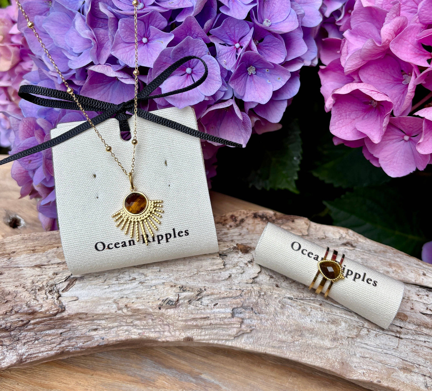 Ocean Ripples 18ct Gold Plated Tiger’s Eye Pendant Necklace