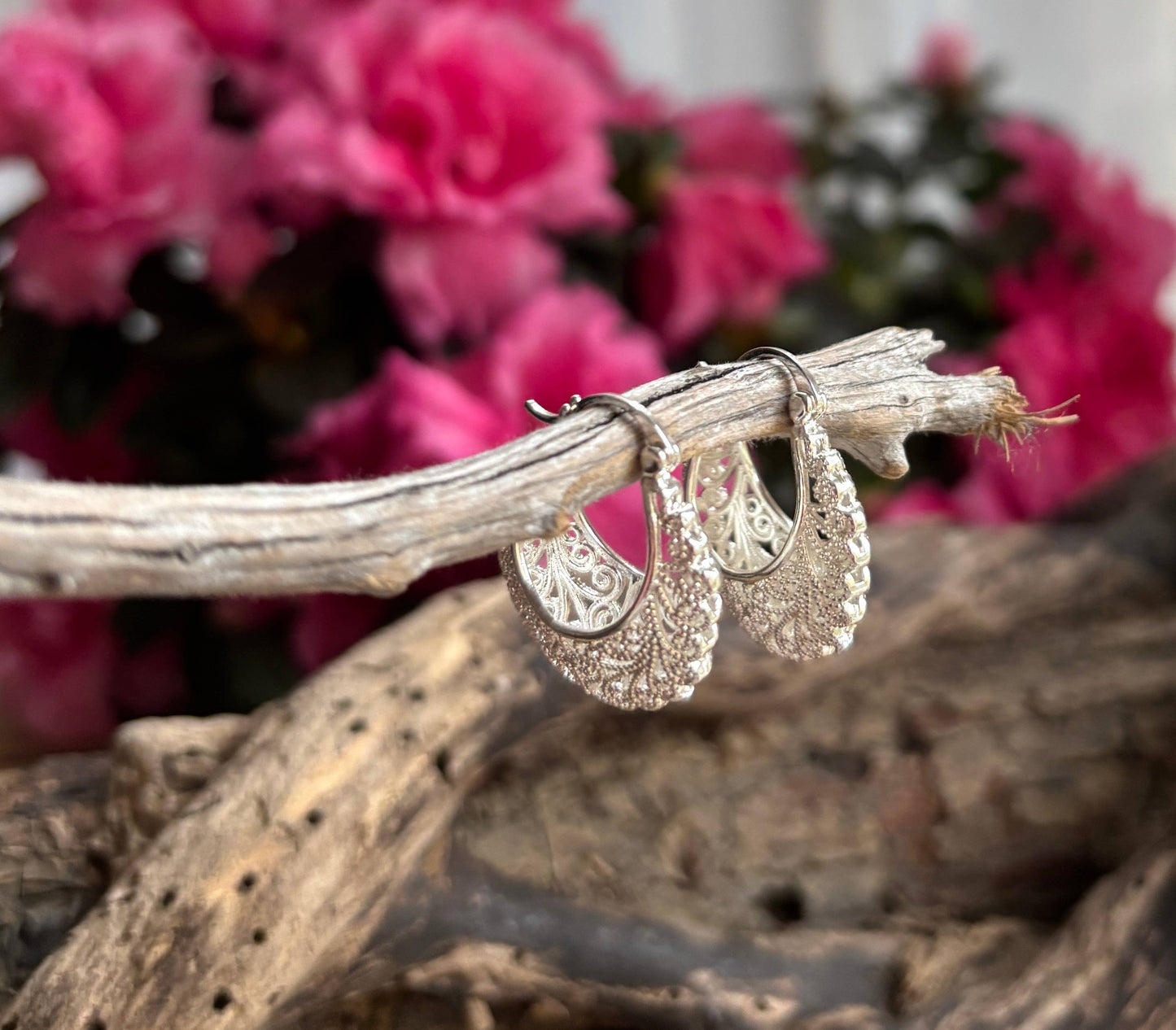 Ocean Ripples Silver Lace Hoop Earrings