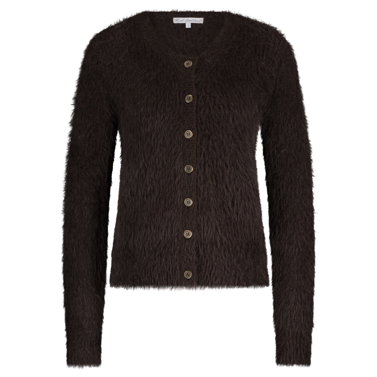 Red button Dark brown fuzzy textured cardigan with buttons on a white background