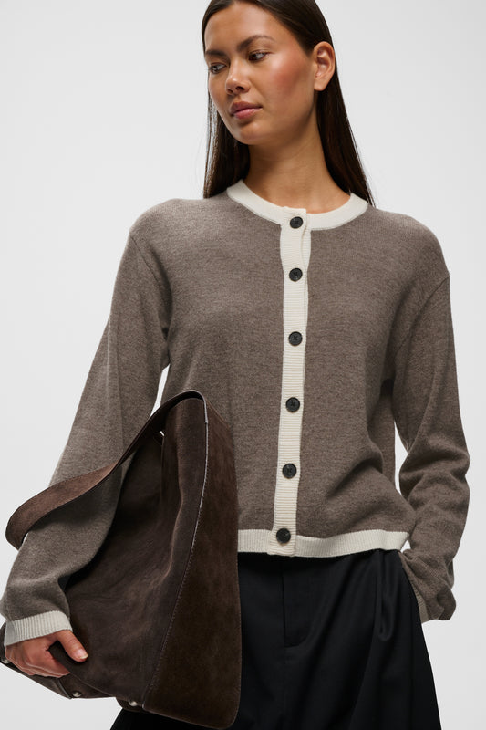 Inwear Tally wool and cashmere cardigan in brown with contrasting cream edging