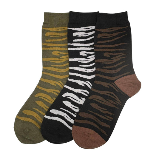 Three pairs of socks with zebra pattern on a white background