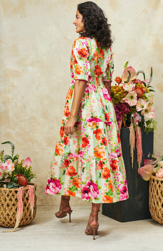Hope & Ivy Zeena V-Neck Tea Dress puff sleeves full skirt with bright pink and orange flowers