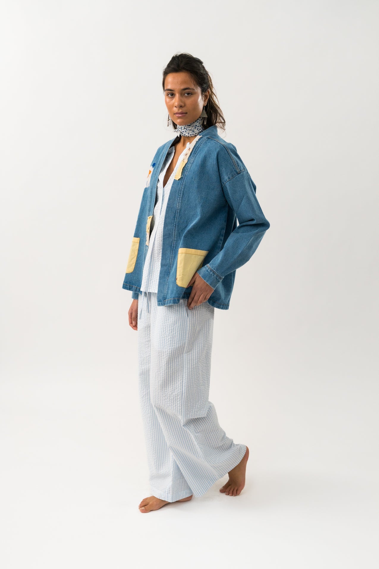 lady wearing an oversized denim jacket