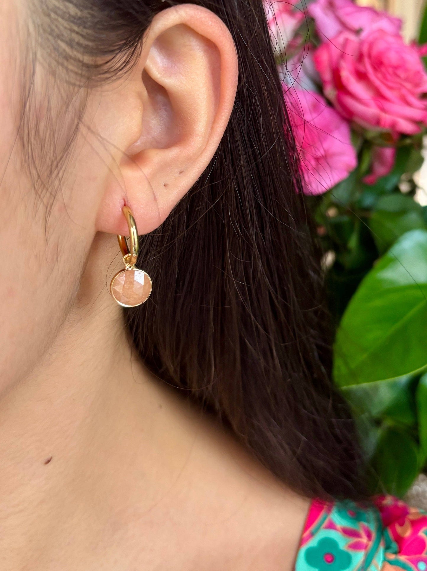 Ocean Ripples 18ct Gold Plated Huggie Earrings with Natural Stones – Available in Three Options: Rose Quartz