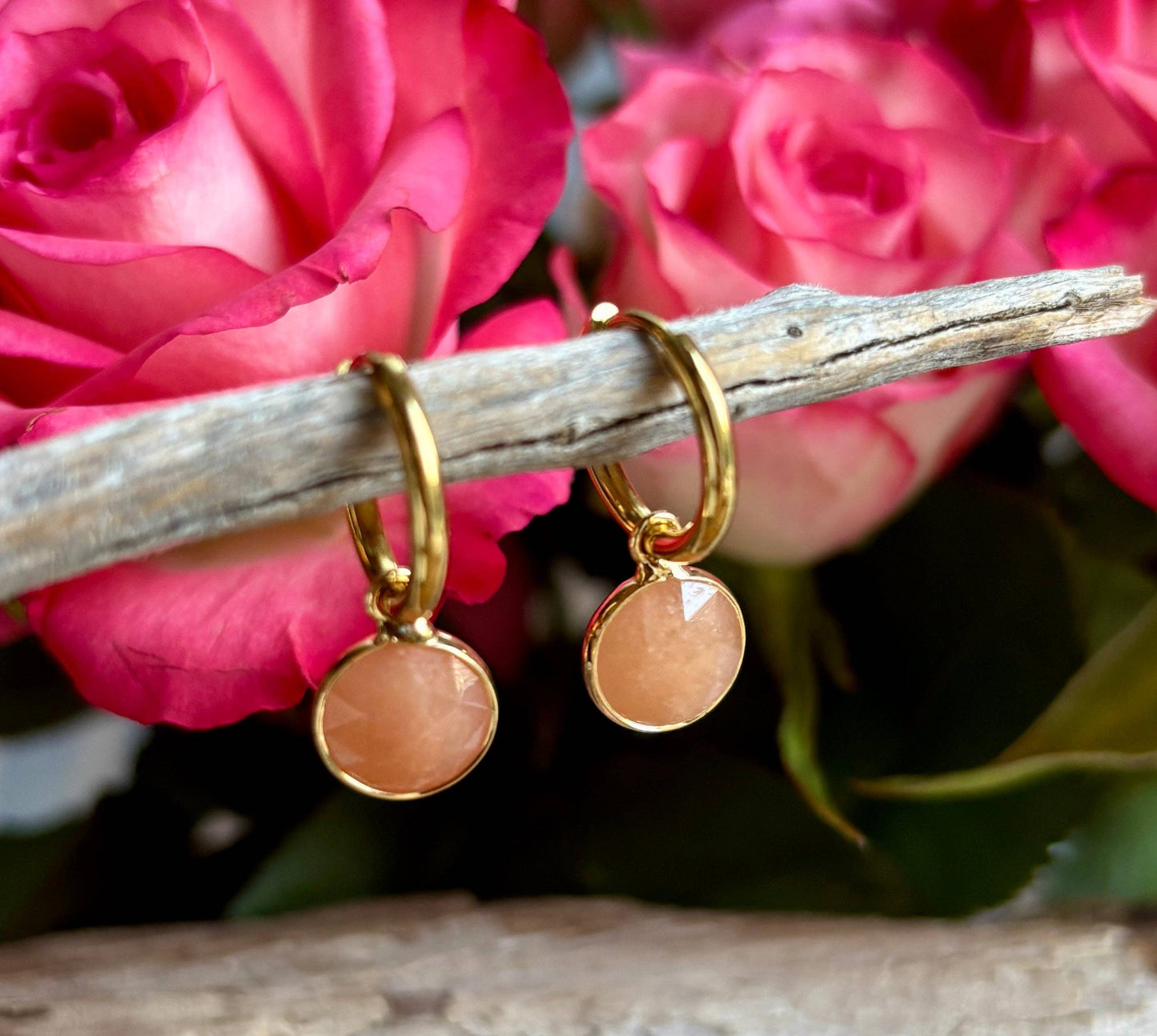 Ocean Ripples 18ct Gold Plated Huggie Earrings with Natural Stones – Available in Three Options: Rose Quartz