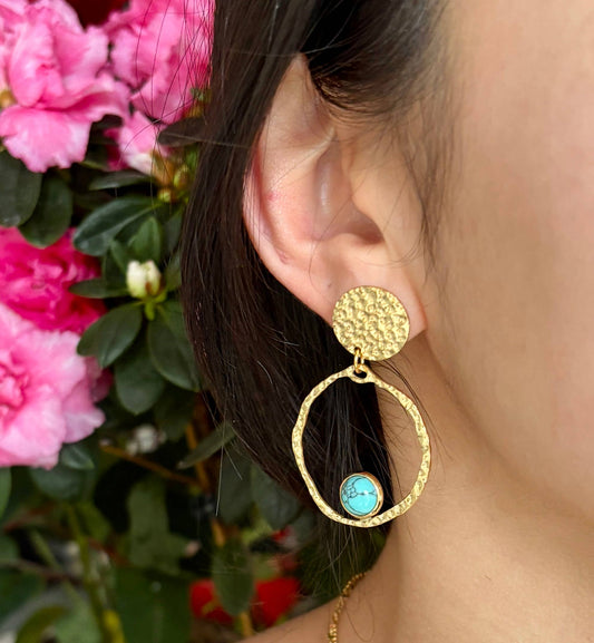 Ocean Ripples 18ct Gold Plated Gold Circle Turquoise Hoop Earrings     