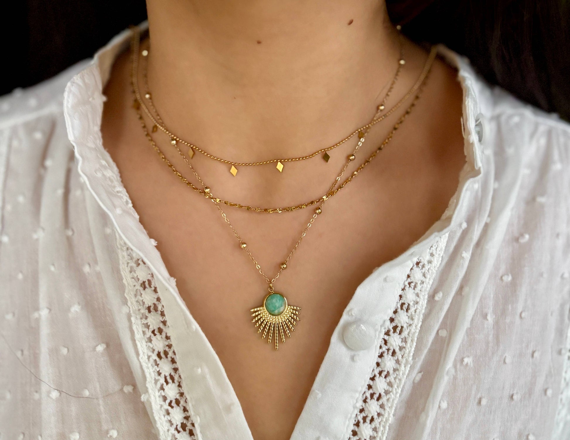 18ct Gold Plated Amazonite Feather Pendant Necklace  on model