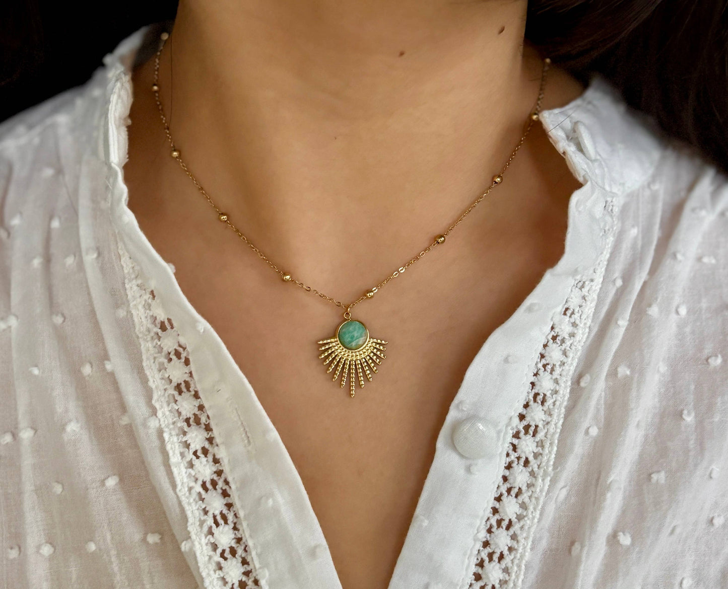 18ct Gold Plated Amazonite Feather Pendant Necklace  on model