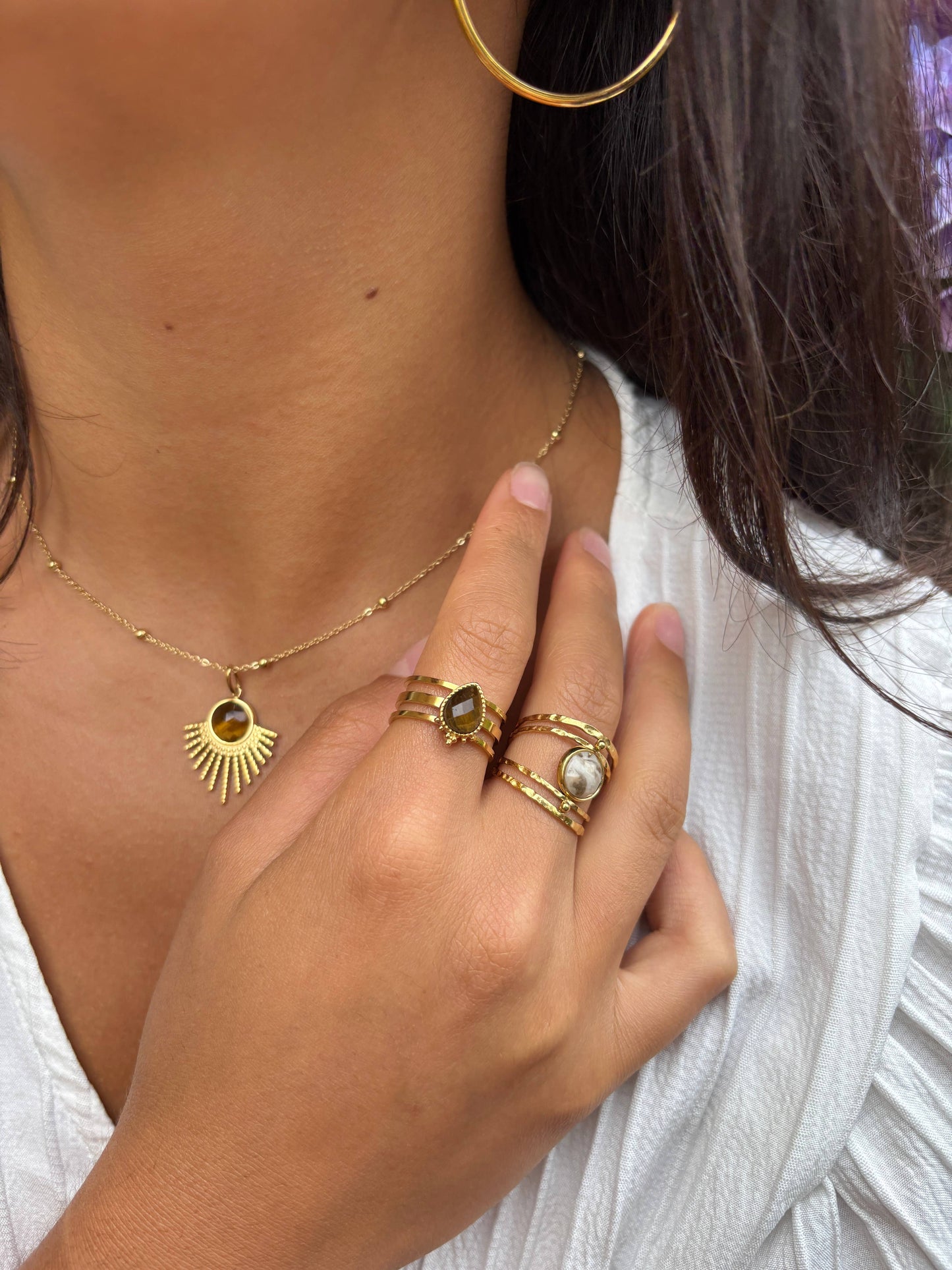 18ct Gold Plated Tiger's Eye Triple Band Ring styled with other tigers eye jewellery