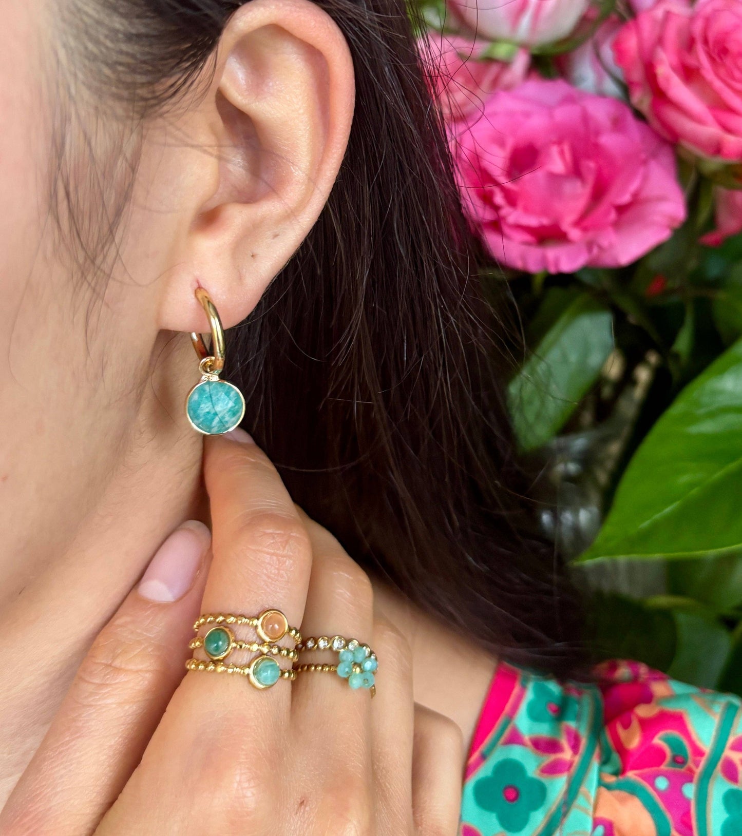 18ct gold plated amazonite huggie earrings