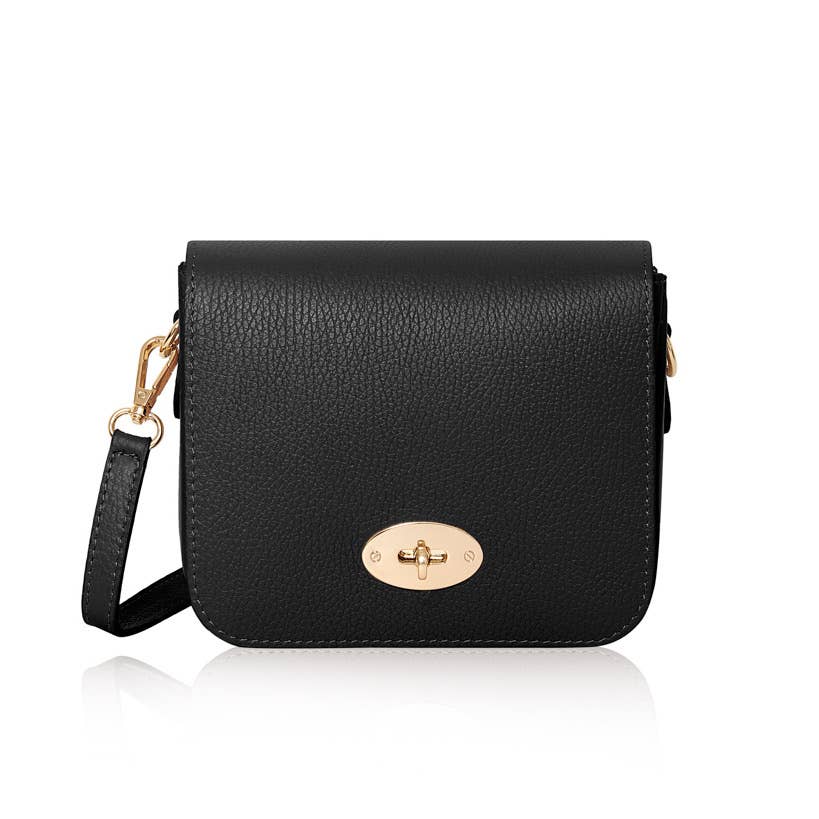 Italian Genuine Leather Crossbody Bag with Metal Clasp: Navy
