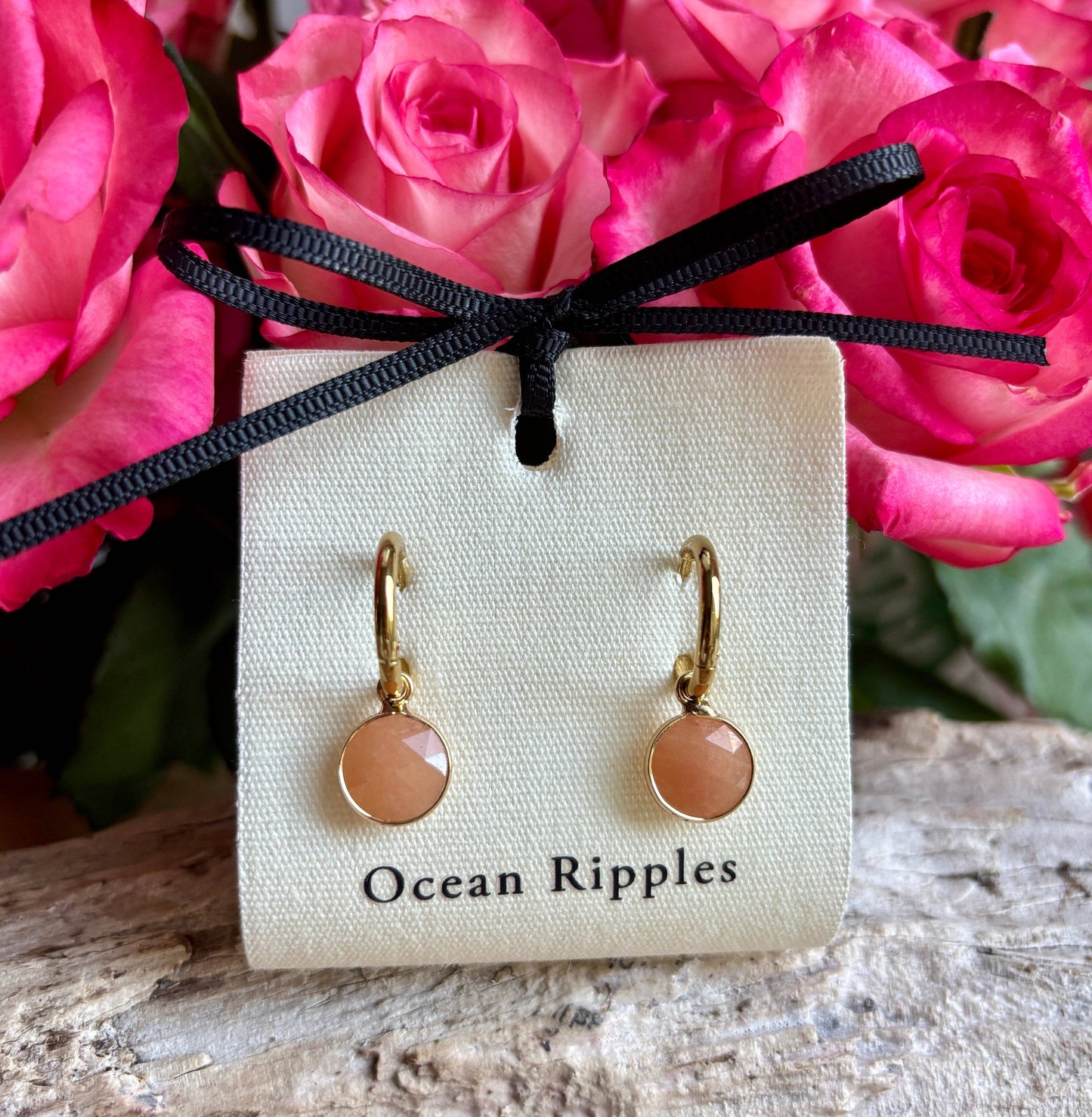 Ocean Ripples 18ct Gold Plated Huggie Earrings with Natural Stones – Available in Three Options: Rose Quartz