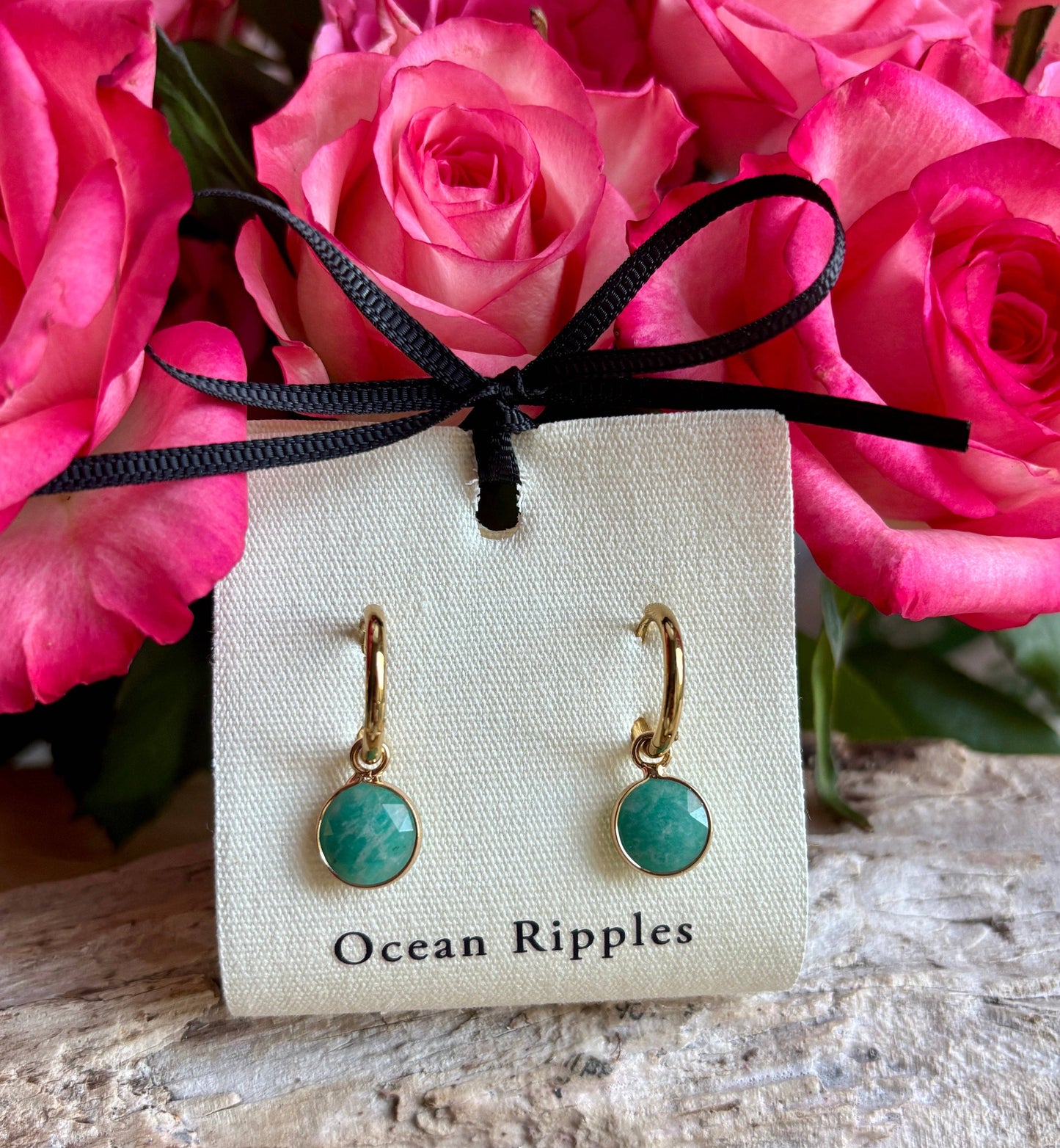 Ocean Ripples 18ct Gold Plated Huggie Earrings with Natural Stones – Available in Three Options: Rose Quartz