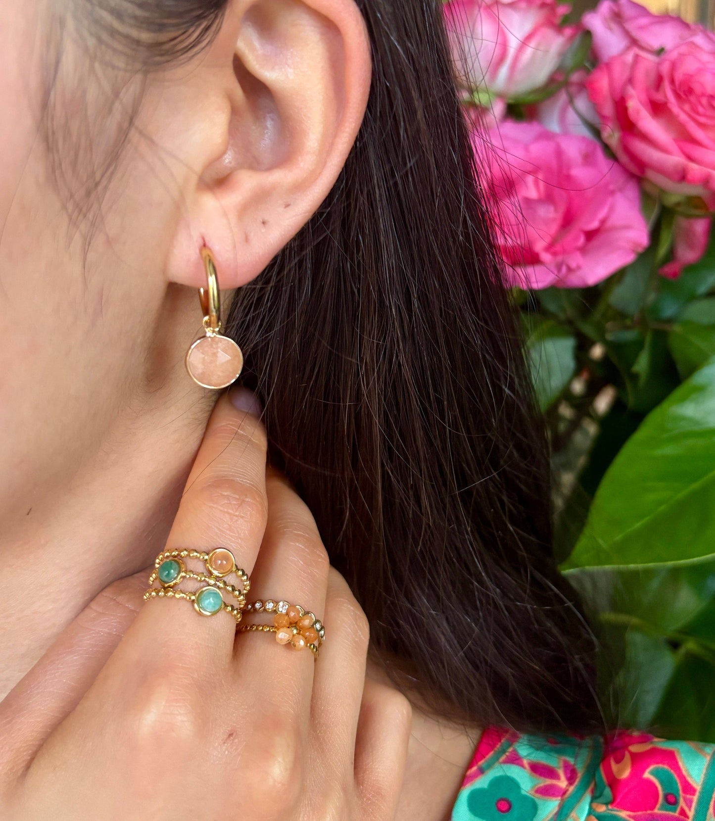 Ocean Ripples 18ct Gold Plated Huggie Earrings with Natural Stones – Available in Three Options: Rose Quartz