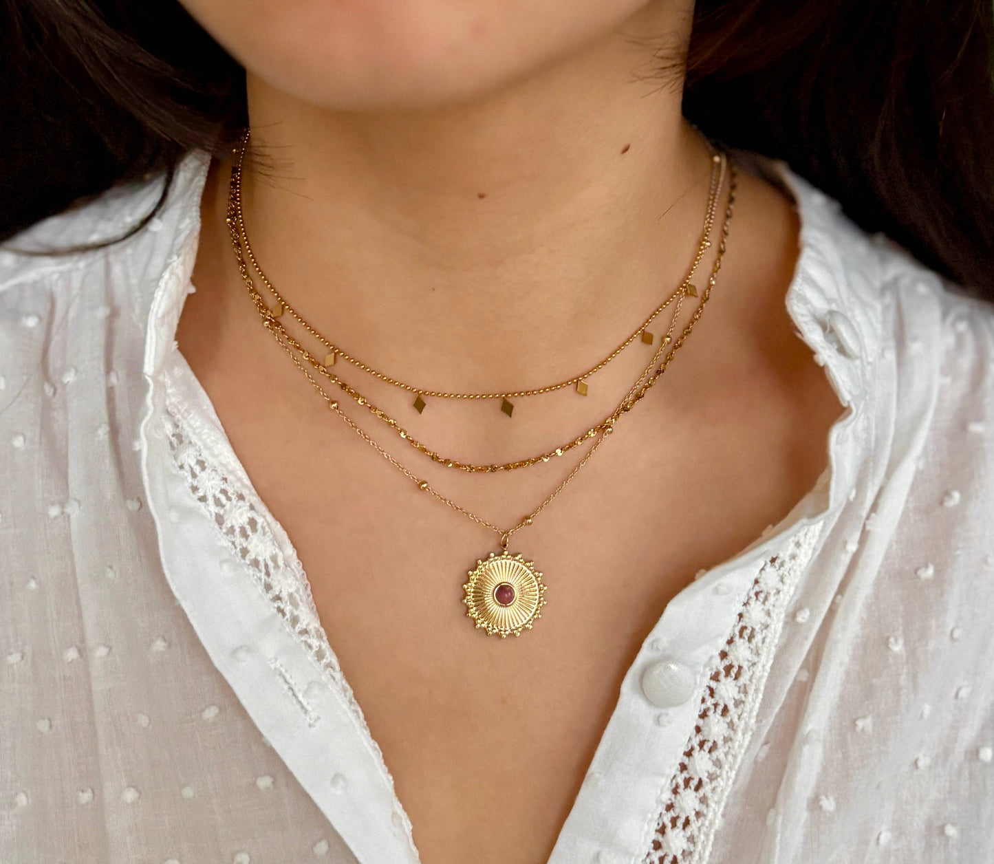 Ocean Ripples 18ct Gold Plated Rhodochrosite Sun Pendant Necklace