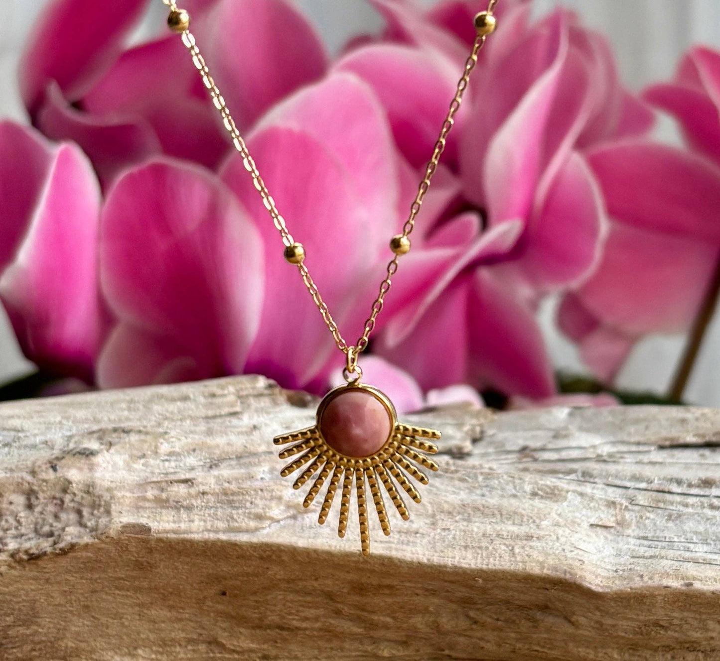 Ocean Ripples 18ct Gold Plated Rhodochrosite Feather Necklace