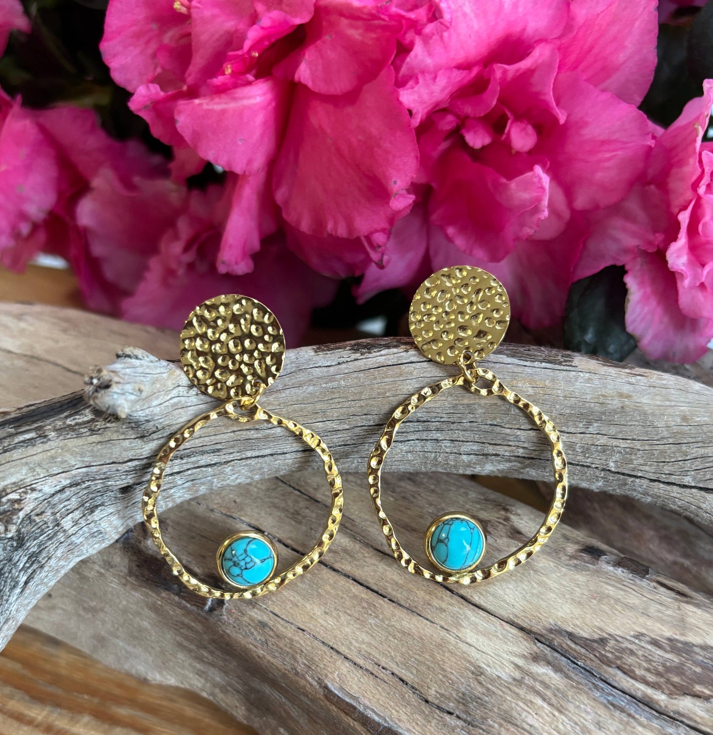 Ocean Ripples 18ct Gold Plated Gold Circle Turquoise Hoop Earrings     