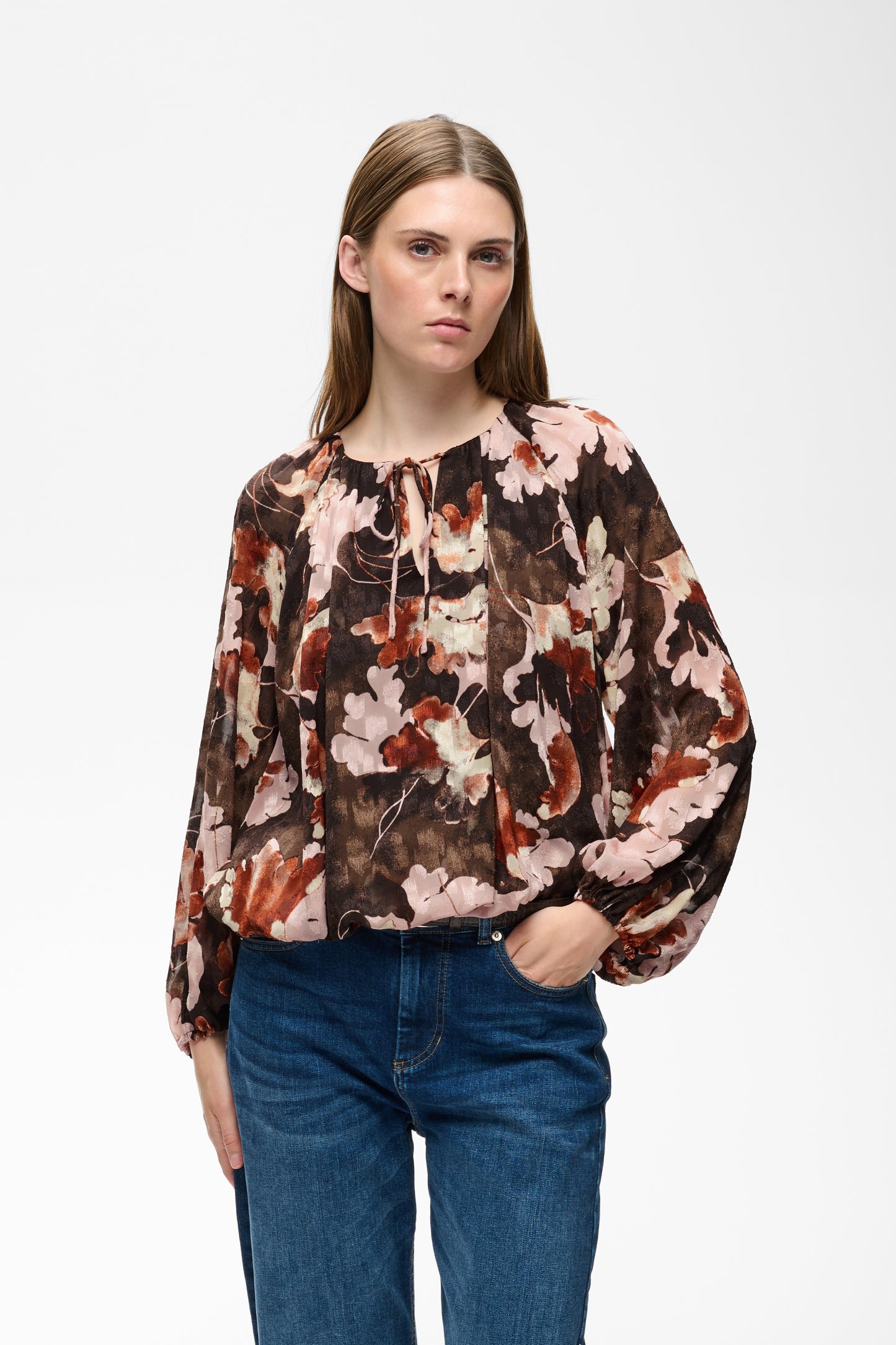 InWear Mason Balloon Blouse - Brown with Pink Fall Leaves