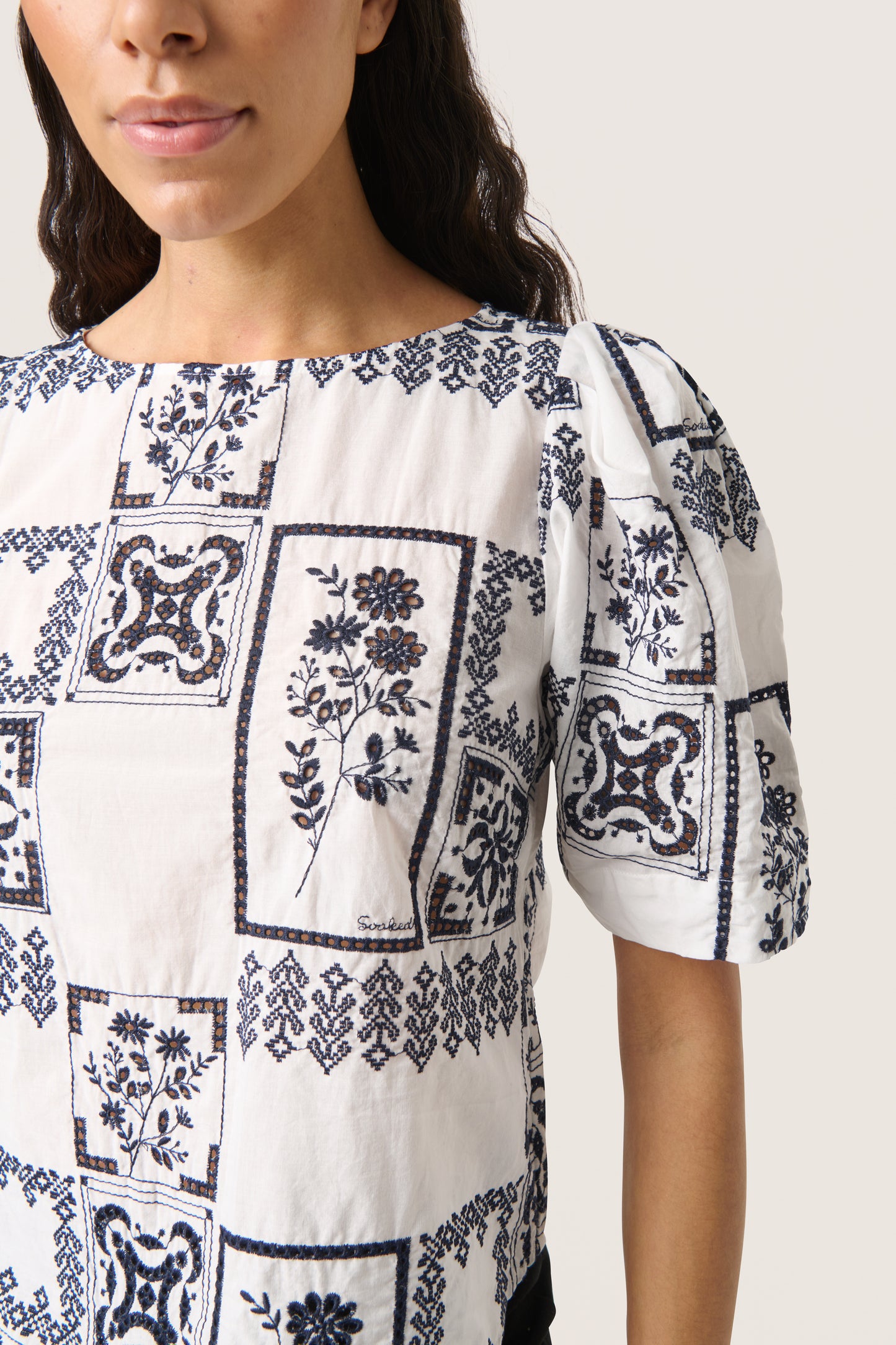 Soaked In Luxury Reesha Blouse- Broken White with Navy