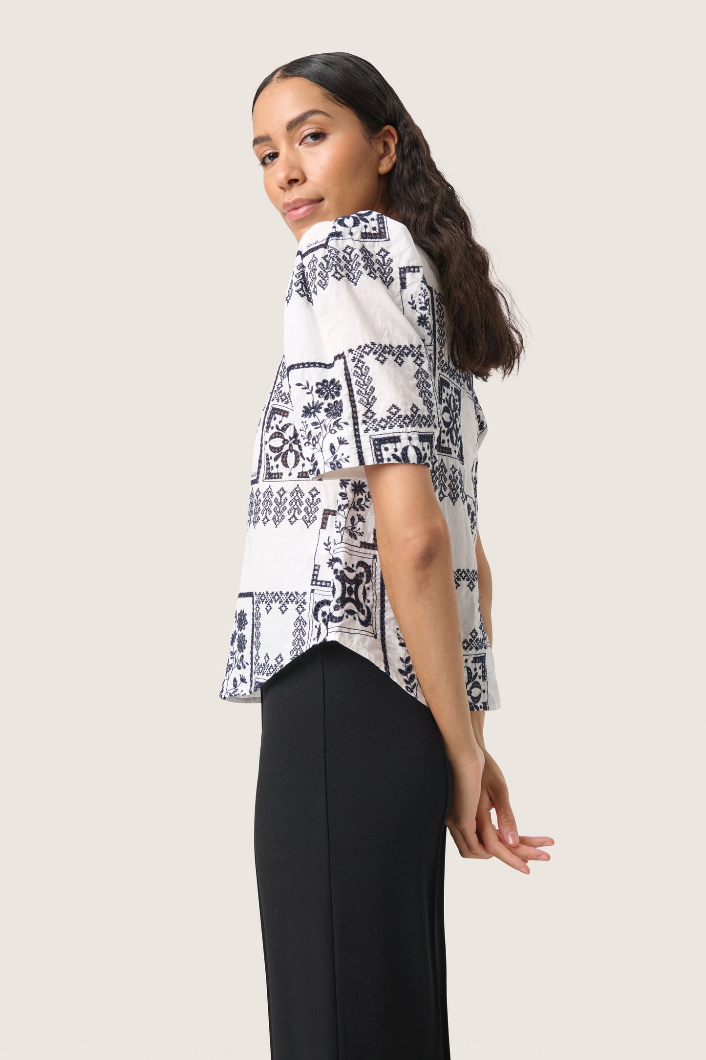 Soaked In Luxury Reesha Blouse- Broken White with Navy