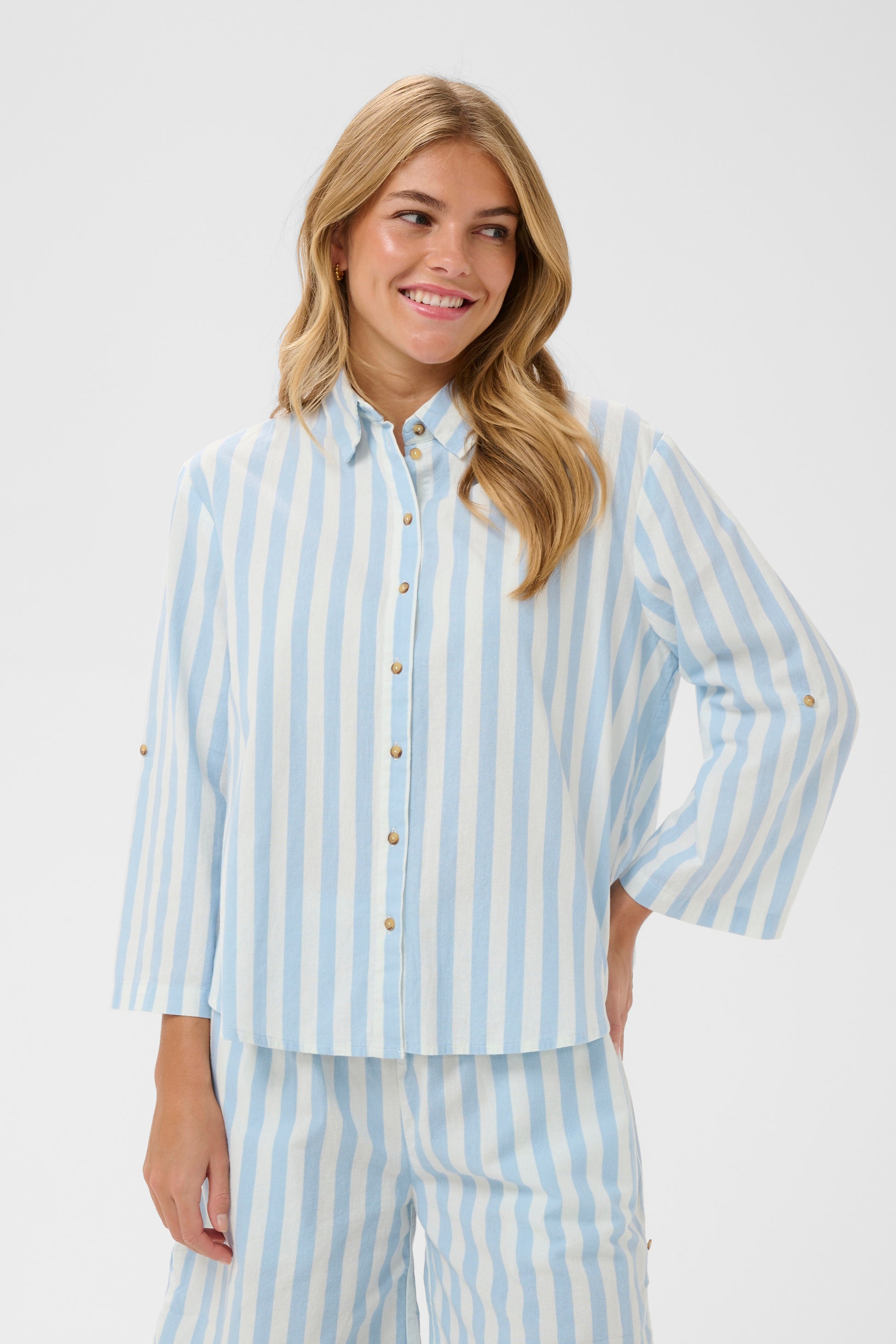 Zalinda Blue striped shirt with roll up sleeves