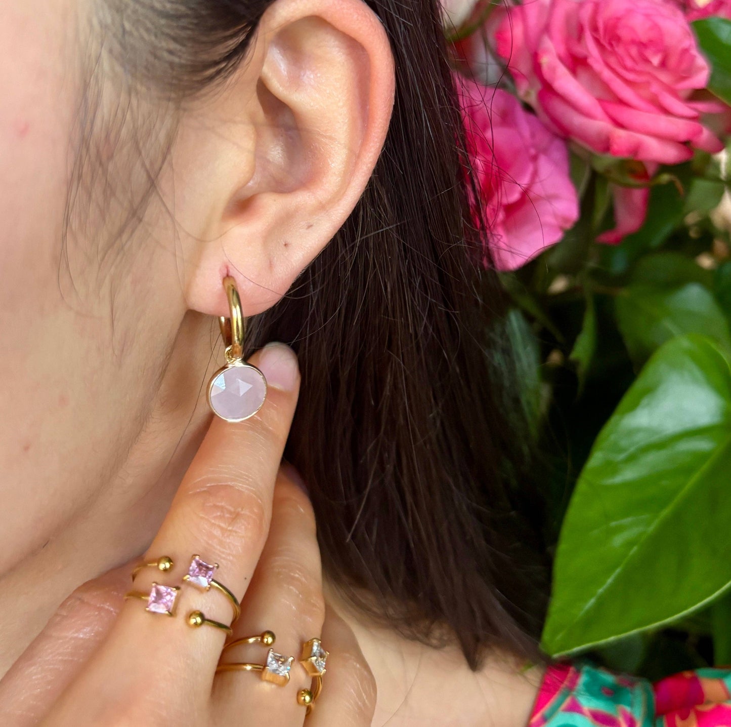 Ocean Ripples 18ct Gold Plated Huggie Earrings with Natural Stones – Available in Three Options: Rose Quartz