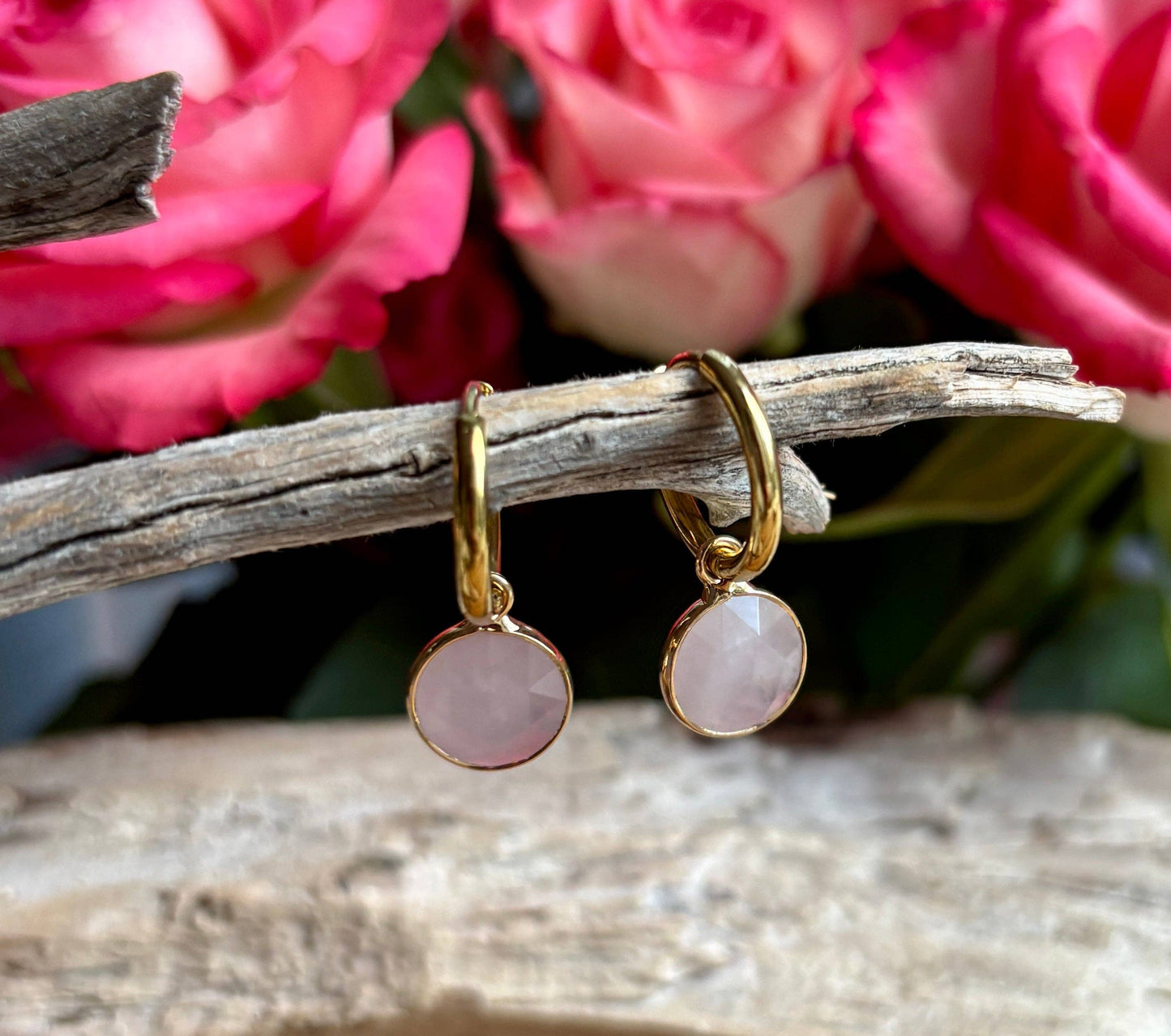 Ocean Ripples 18ct Gold Plated Huggie Earrings with Natural Stones – Available in Three Options: Rose Quartz
