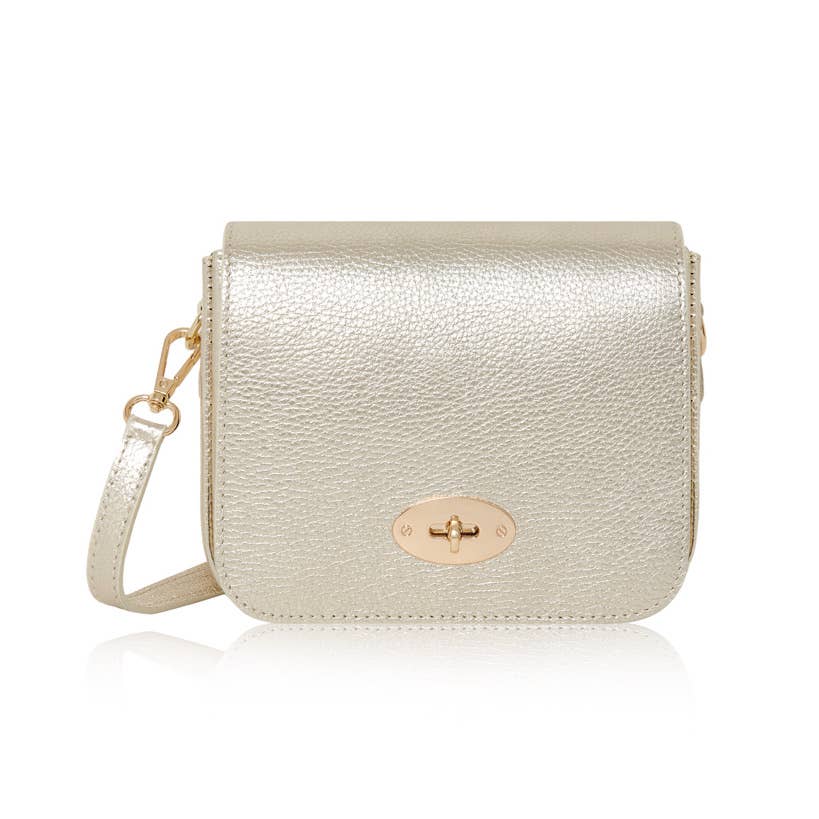Italian Genuine Leather Crossbody Bag with Metal Clasp: Navy