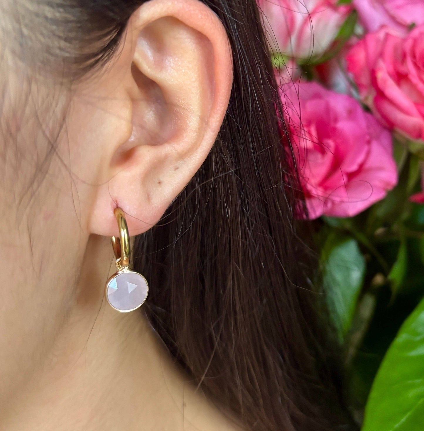 Ocean Ripples 18ct Gold Plated Huggie Earrings with Natural Stones – Available in Three Options: Rose Quartz