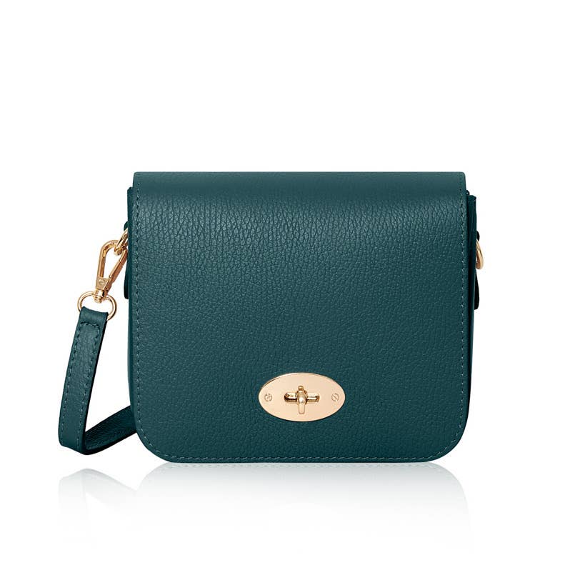 Italian Genuine Leather Crossbody Bag with Metal Clasp: Navy