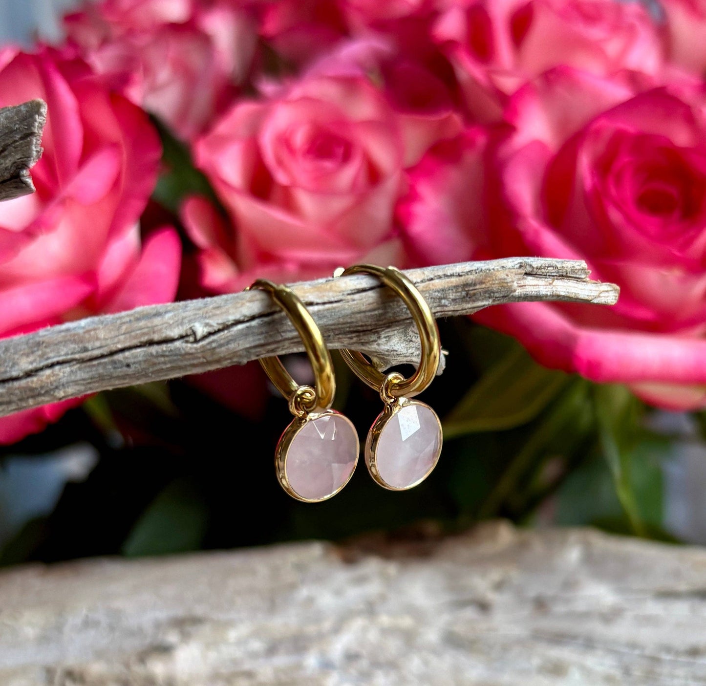 Ocean Ripples 18ct Gold Plated Huggie Earrings with Natural Stones – Available in Three Options: Rose Quartz