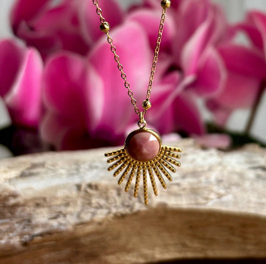 Ocean Ripples 18ct Gold Plated Rhodochrosite Feather Necklace