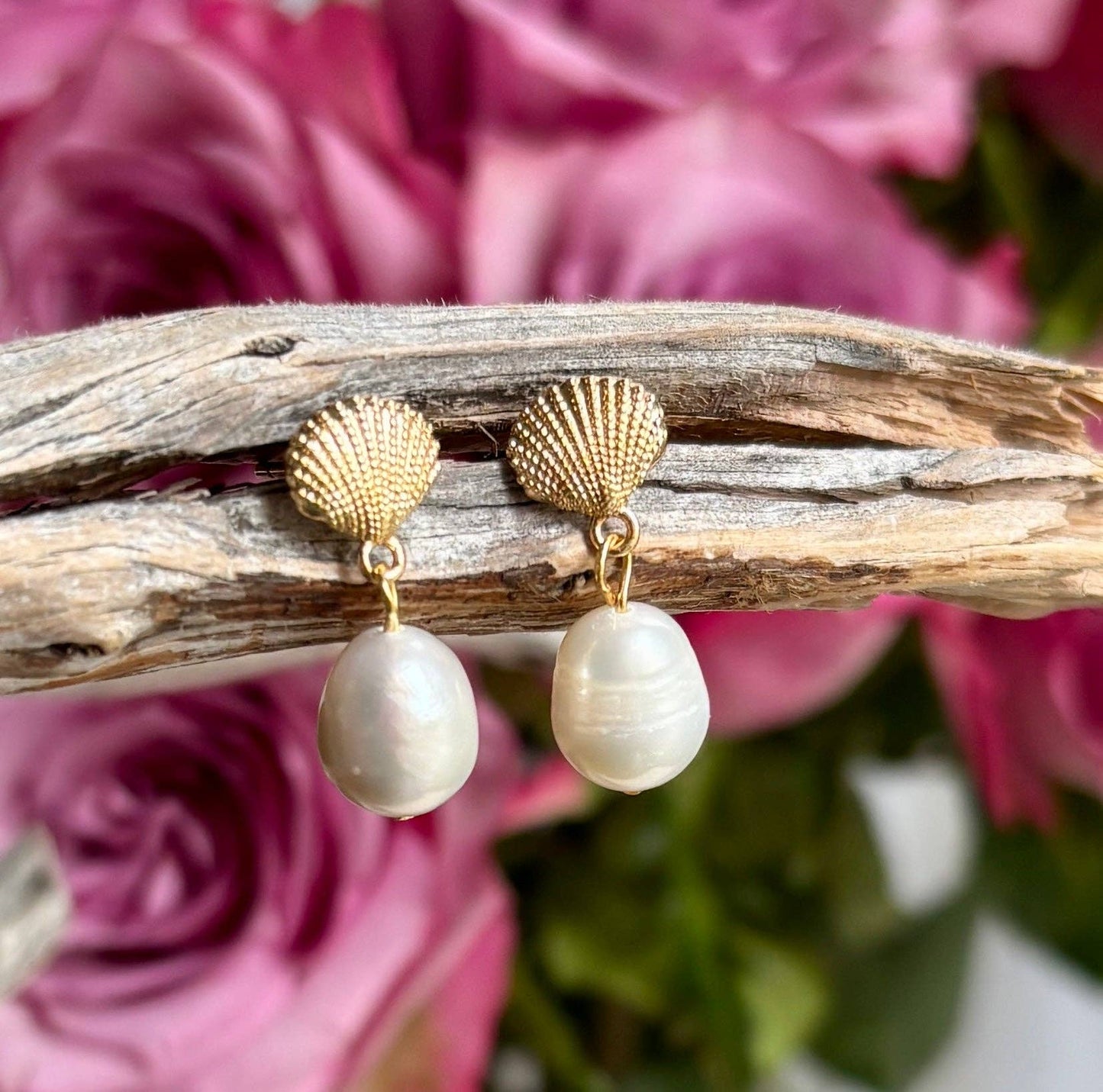 Ocean Ripples 14ct Gold Plated Fresh Water Pearl Shell Earrings