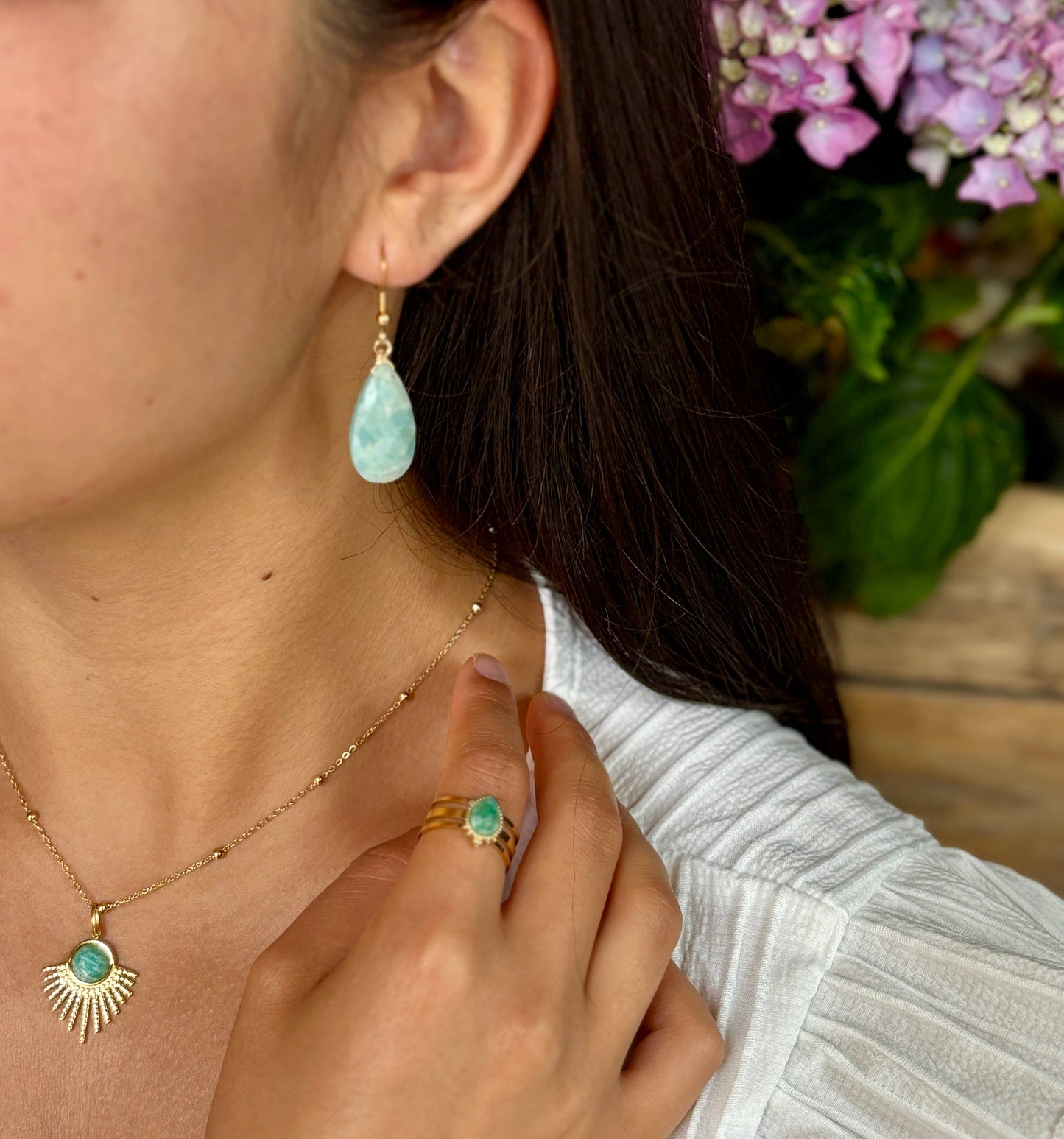 18ct Gold Plated Amazonite Feather Pendant Necklace  