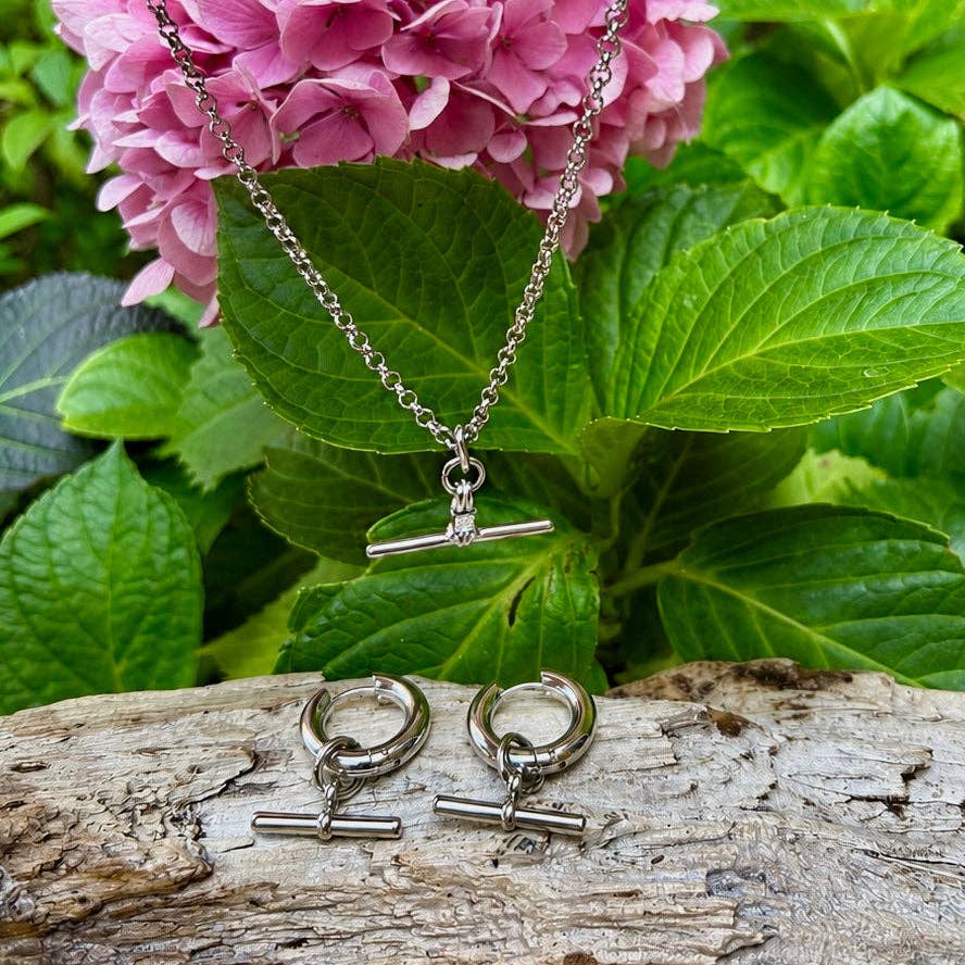 Ocean Ripples Rhodium Plated T Bar Huggie Earrings