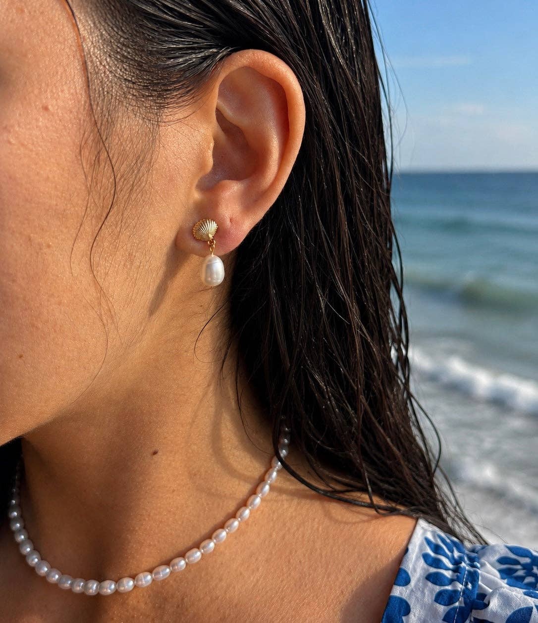 Ocean Ripples 14ct Gold Plated Fresh Water Pearl Shell Earrings