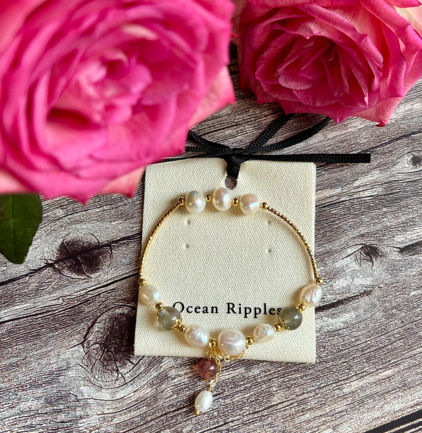Ocean Ripples 14ct Gold Plated Fresh Water Pearl Moonstone Elastic Bracelet