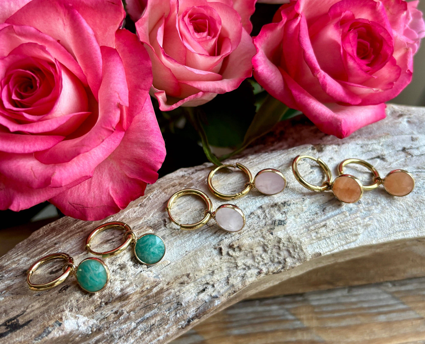 Ocean Ripples 18ct Gold Plated Huggie Earrings with Natural Stones – Available in Three Options: Rose Quartz