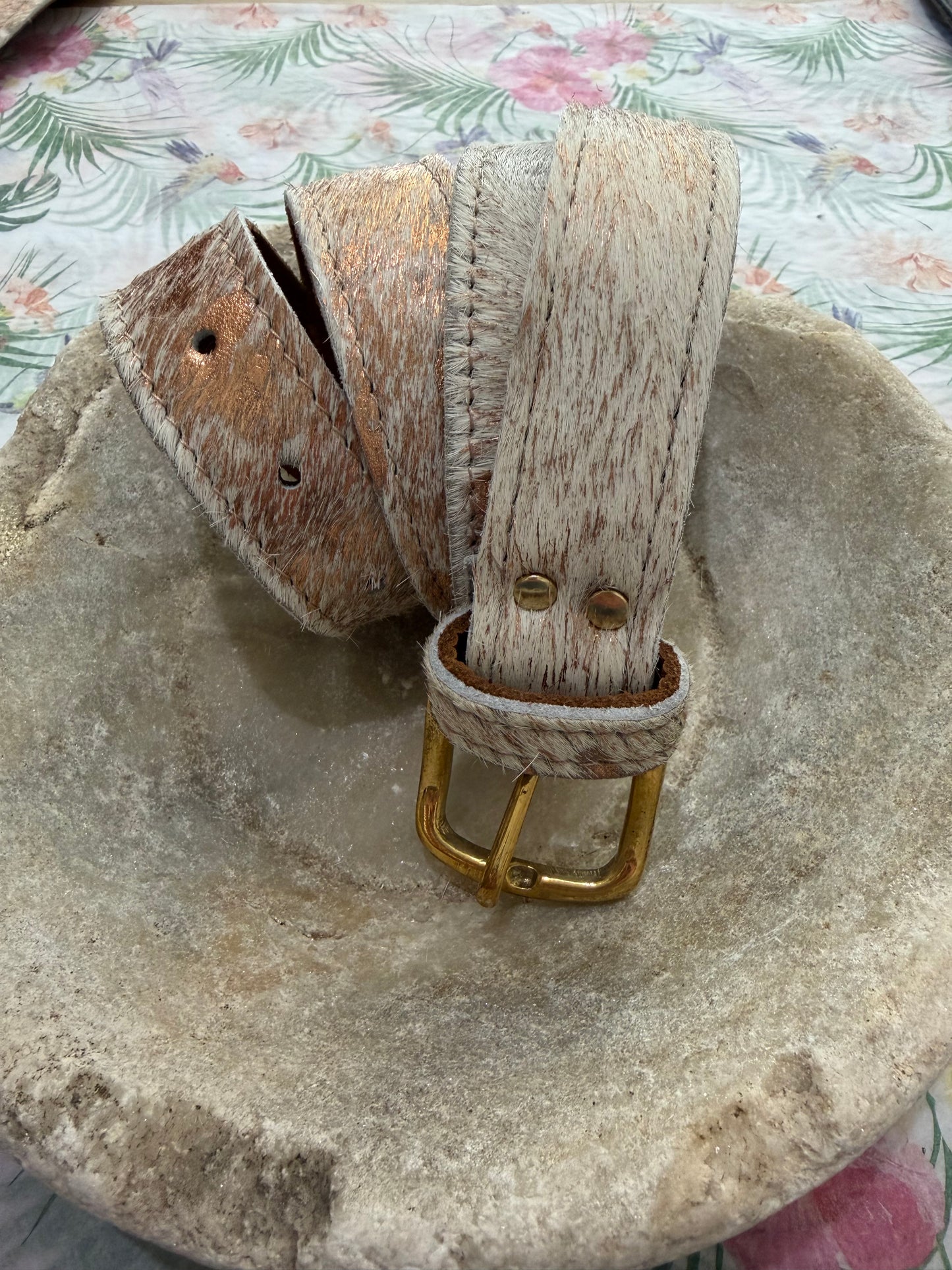 Rose gold acid pony fur belt with gold buckle