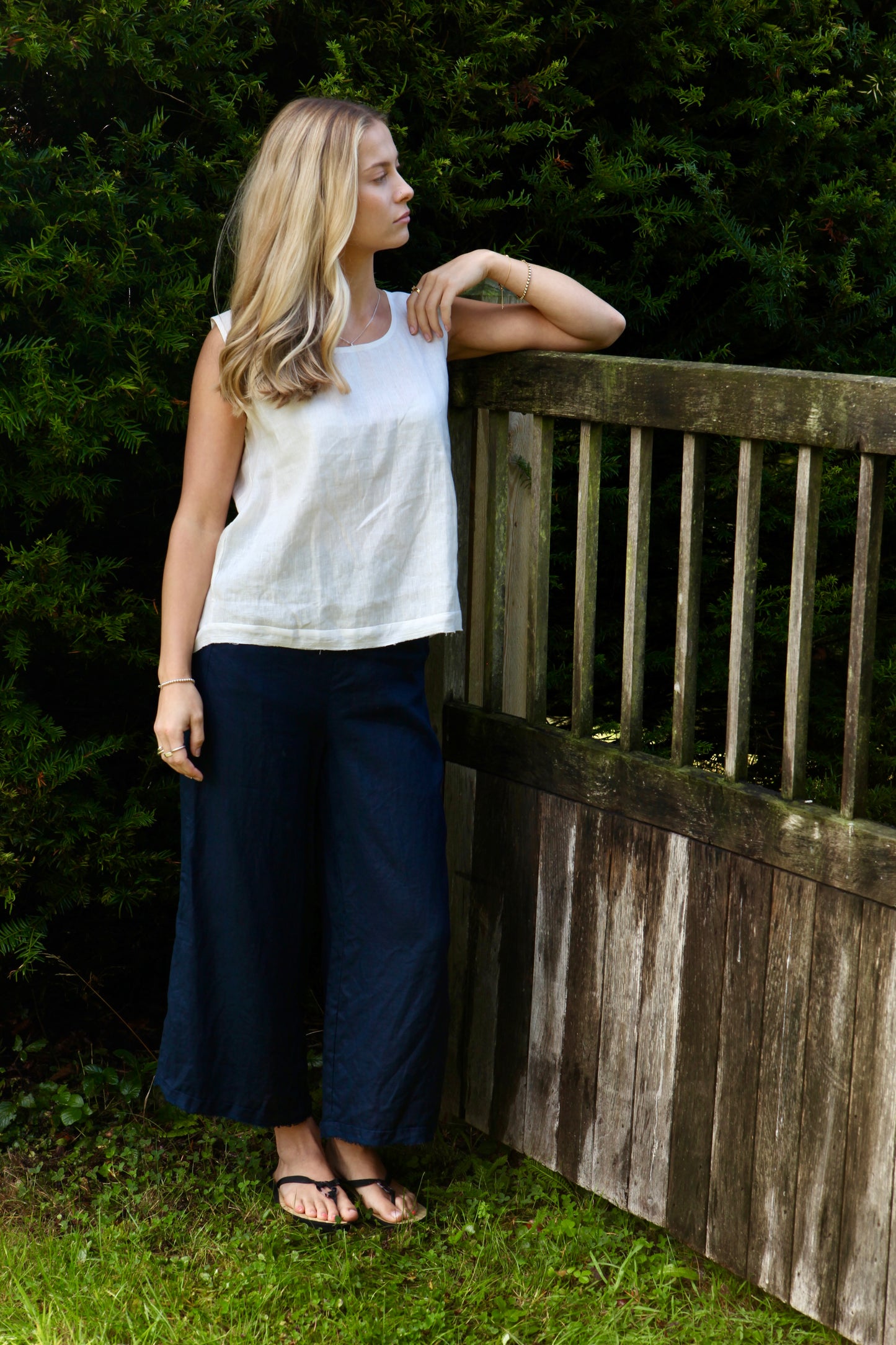 Dear Prudence Aimie Back Detail Top in European flax linen with split-back design and selvage hem detail.