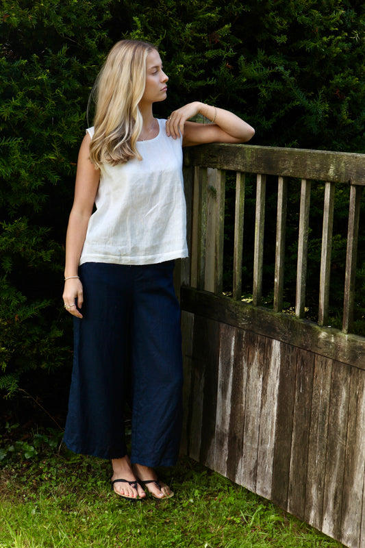 Dear Prudence Aimie Back Detail Top in European flax linen with split-back design and selvage hem detail.